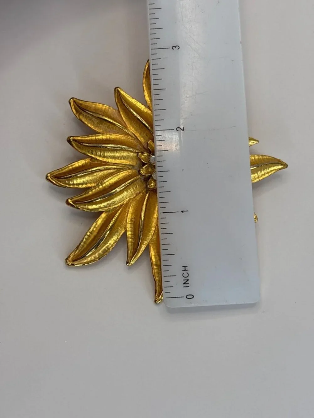 Vintage Gold Tone Large Floral Brooch Pin Rhinestone Center